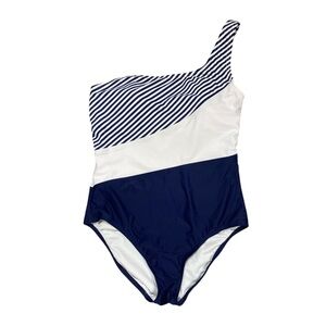Kona Sol Navy White Striped One-Shoulder‎ Swim One Piece Beach Pool Summer